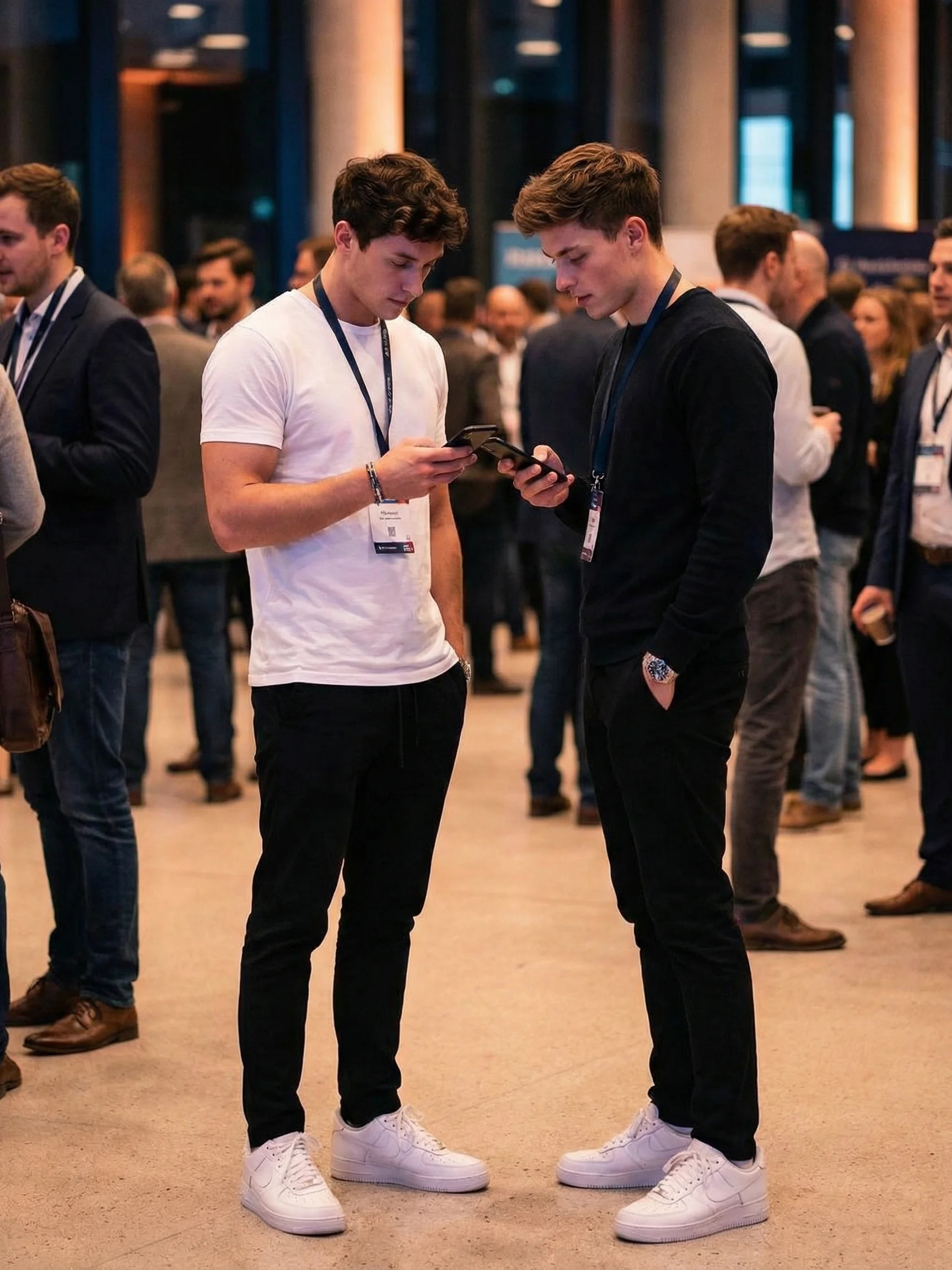 Сохранение контактов с конференции — два человека обмениваются контактами