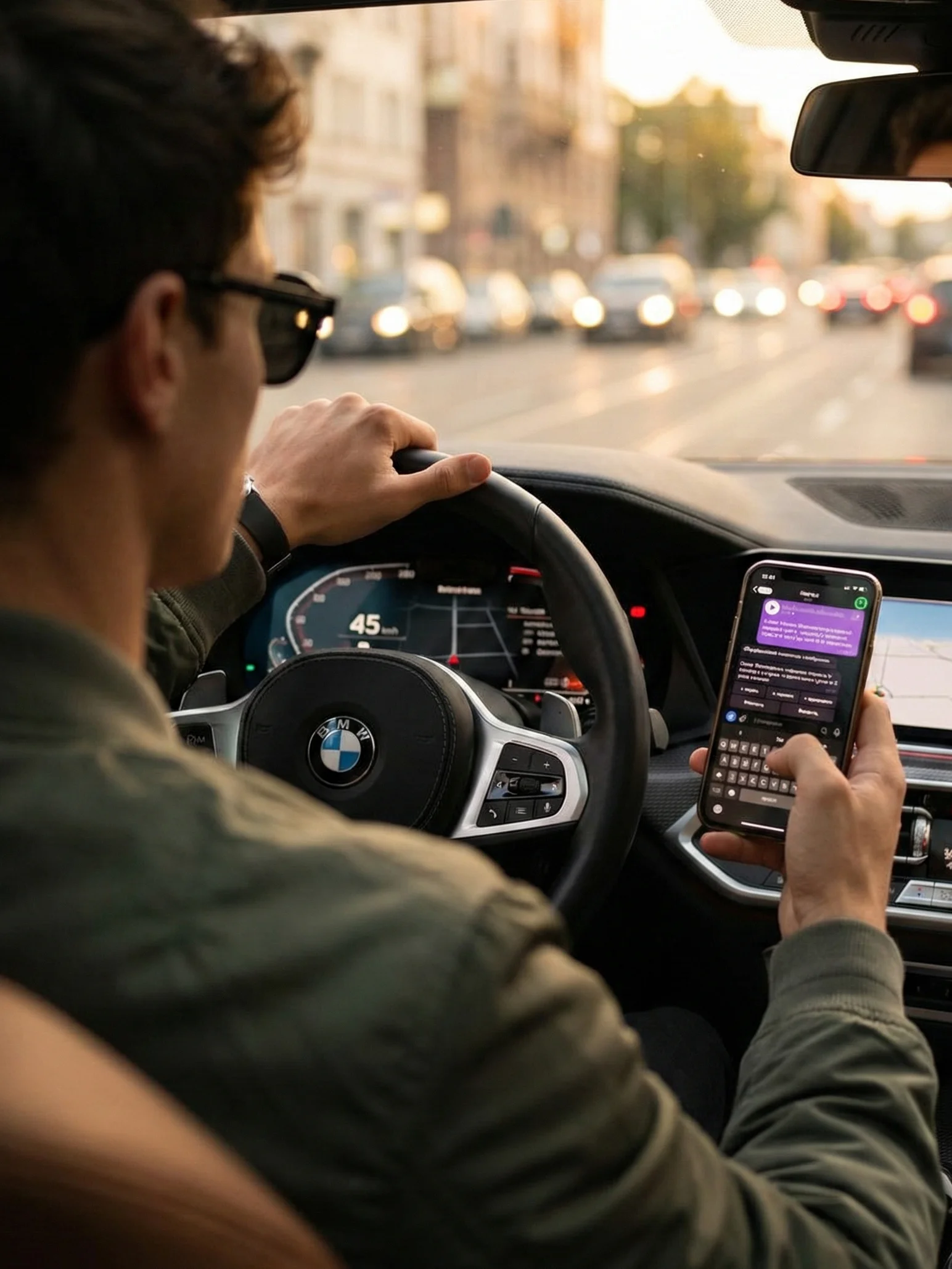 Фиксация идей за рулём — парень диктует голосовую заметку